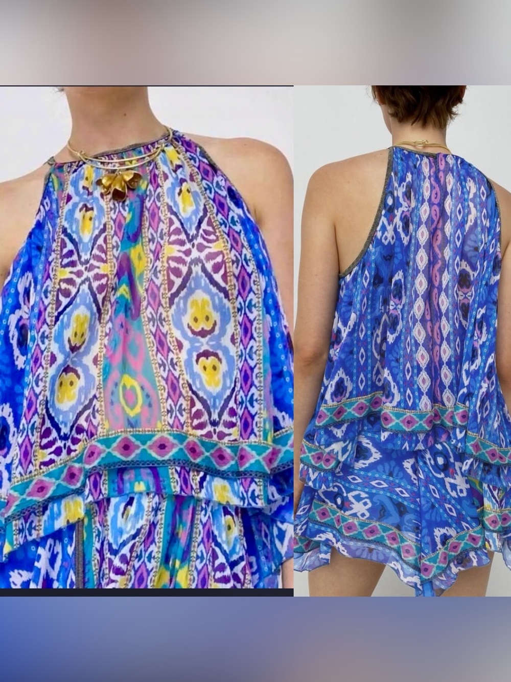 Zara Women’s Blue Sheer Ikat Oversized Halter Camisole w/Embellishments-S-EC